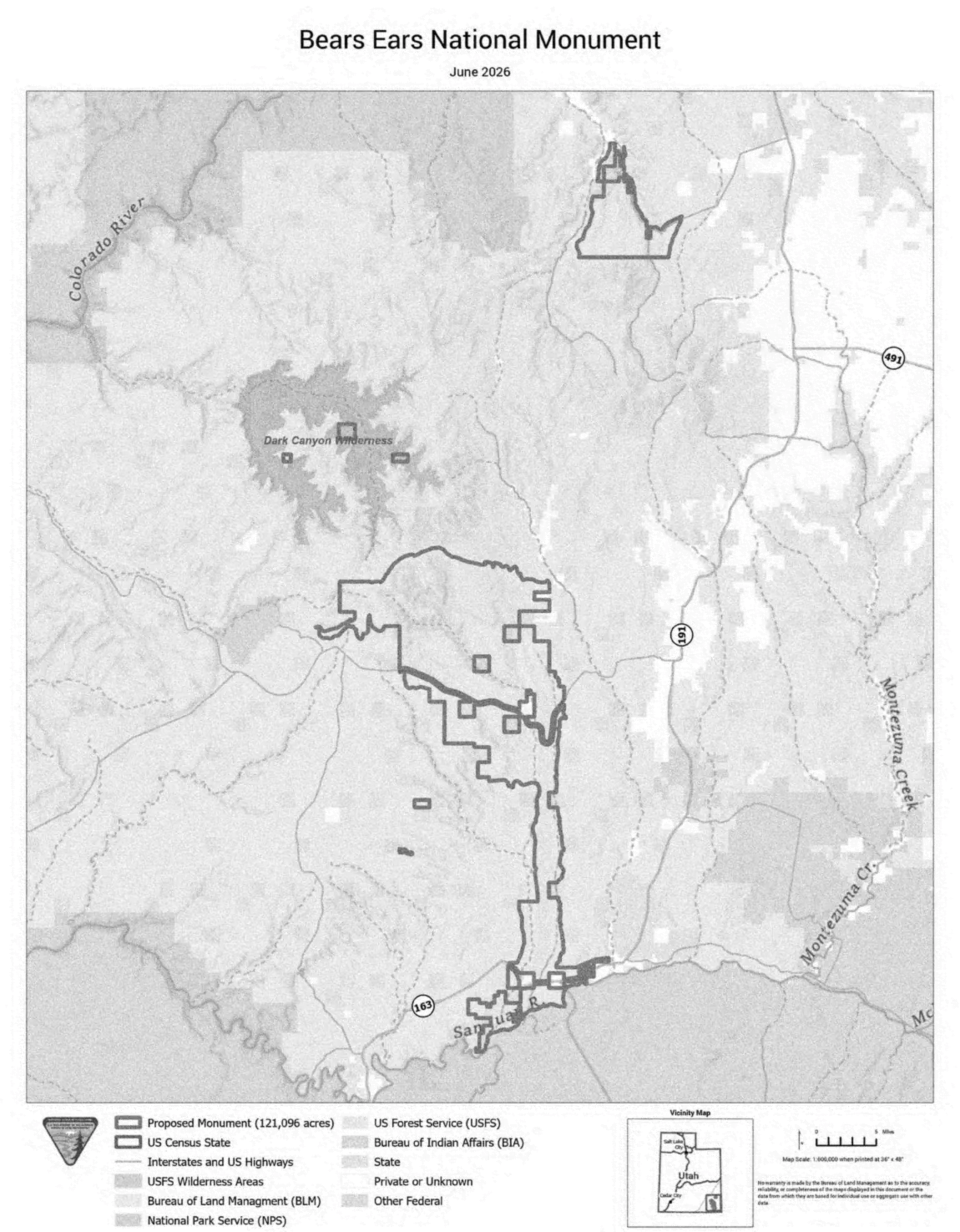 Official Bureau of Land Management proclamation map of the reduced 121,096-acre Bears Ears National Monument, in two units