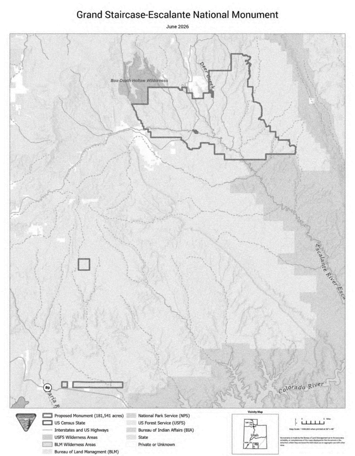 Official Bureau of Land Management proclamation map of the reduced 181,541-acre Grand Staircase-Escalante National Monument