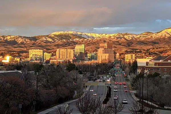 Downtown below the foothills at sunset