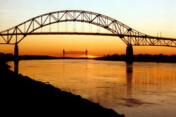 The Bourne Bridge over the canal at sunset
