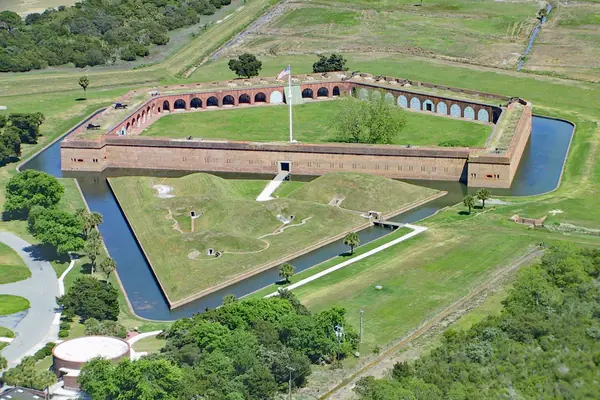 The pentagonal fort and its moat from above