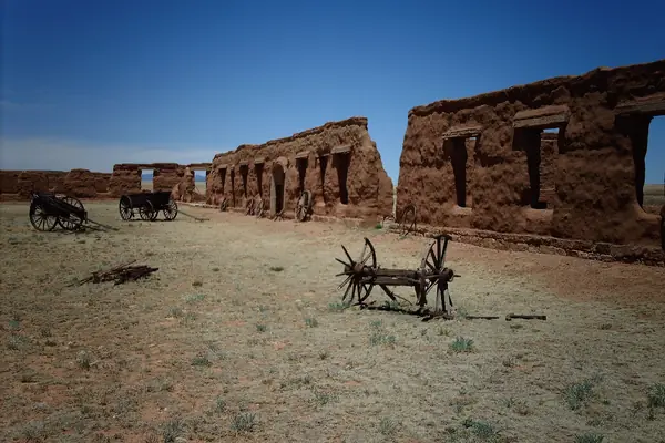 A wagon recalls the Santa Fe Trail