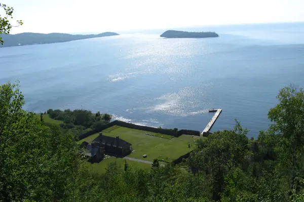 The reconstructed depot and Lake Superior from Mount Rose