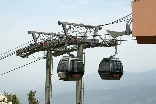 Gondolas climbing above the lake