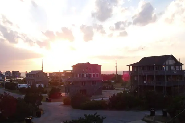 Beach houses at sunset