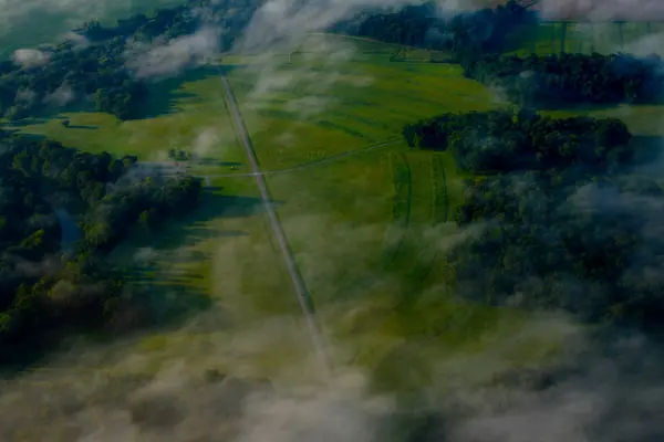 The concentric earthwork ridges from above