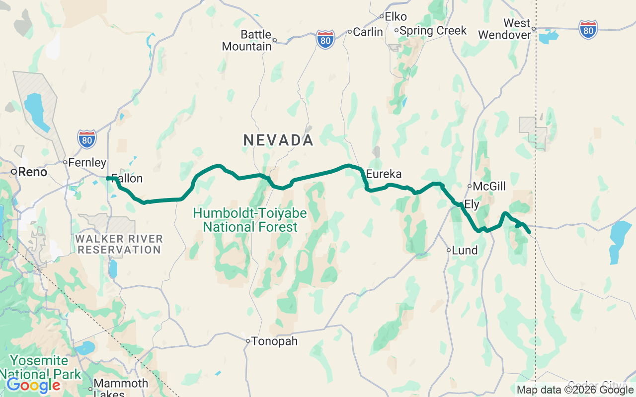 The Loneliest Road in America route map