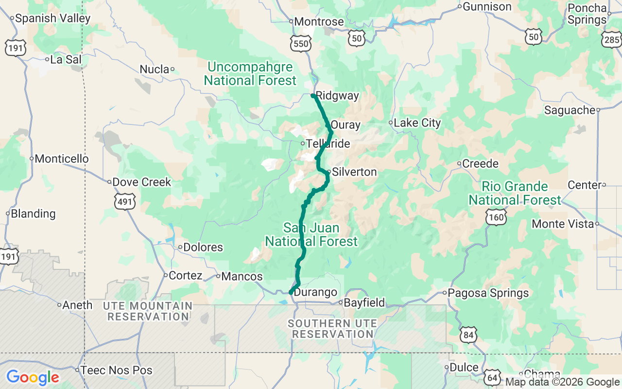Million Dollar Highway route map