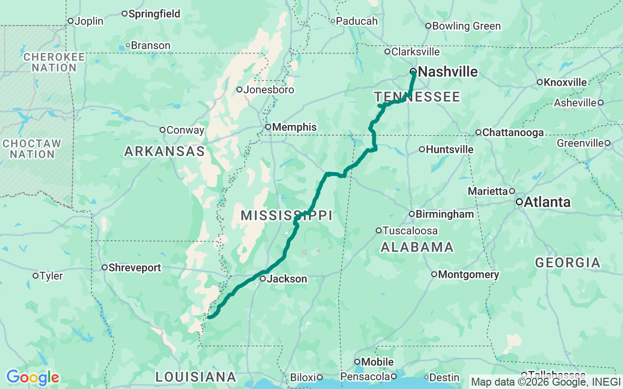 The Natchez Trace route map