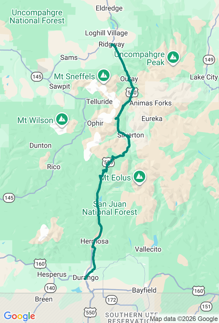 Million Dollar Highway route map