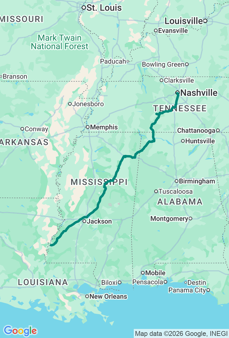 The Natchez Trace route map