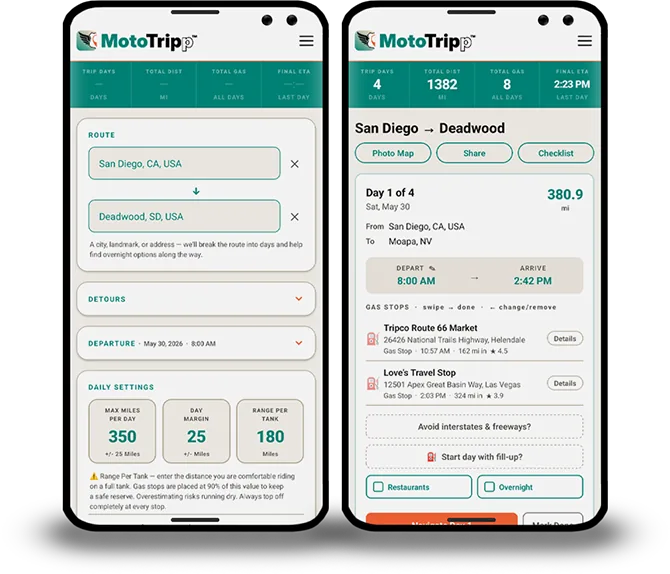 RoadTripp — trip planner form and day-by-day itinerary